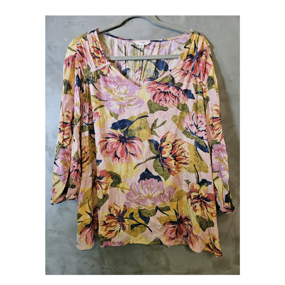 Terra & Sky Size 0X (14W) Pink Yellow Floral Crinkle V-Neck 3/4 Sleeve Blouse
